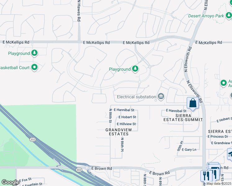 map of restaurants, bars, coffee shops, grocery stores, and more near 8624 East Indigo Street in Mesa