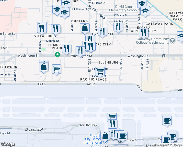 map of restaurants, bars, coffee shops, grocery stores, and more near 215 South 32nd Street in Phoenix