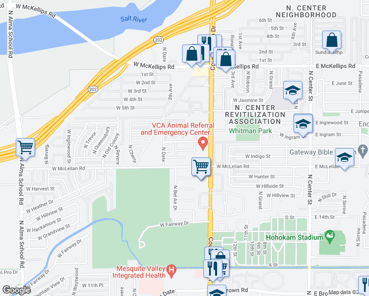 map of restaurants, bars, coffee shops, grocery stores, and more near 22 North Ivyglen Townhomes in Mesa