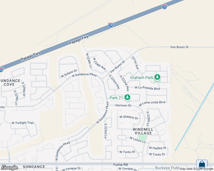 map of restaurants, bars, coffee shops, grocery stores, and more near 196 South 223rd Drive in Buckeye