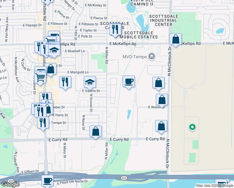 map of restaurants, bars, coffee shops, grocery stores, and more near 1427 North Oak Street in Tempe