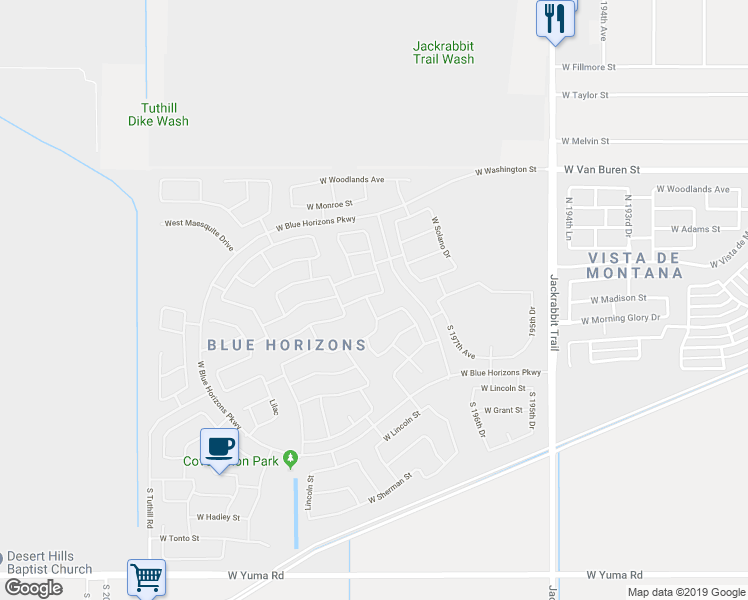 map of restaurants, bars, coffee shops, grocery stores, and more near 165 South Blue Horizons Court in Buckeye