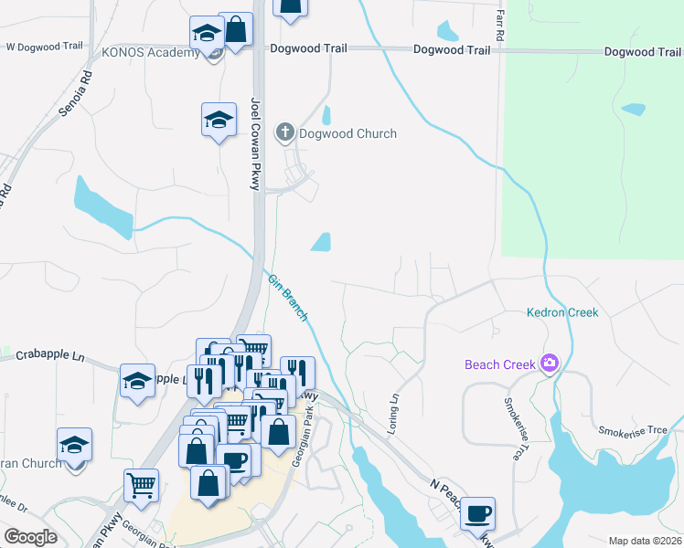 map of restaurants, bars, coffee shops, grocery stores, and more near 719 Greenwood Lane in Peachtree City
