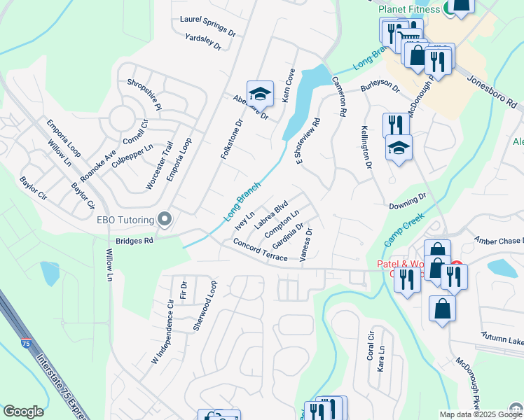 map of restaurants, bars, coffee shops, grocery stores, and more near 1120 Ivey Lane in McDonough
