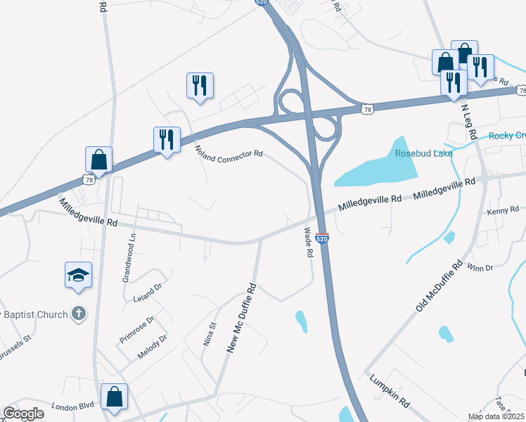 map of restaurants, bars, coffee shops, grocery stores, and more near 3519 Milledgeville Road in Augusta