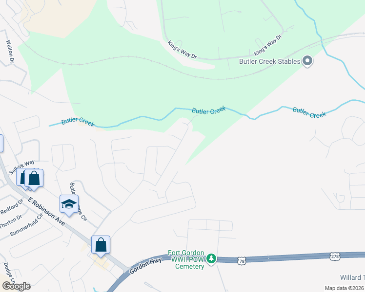 map of restaurants, bars, coffee shops, grocery stores, and more near 5036 Vine Lane in Grovetown