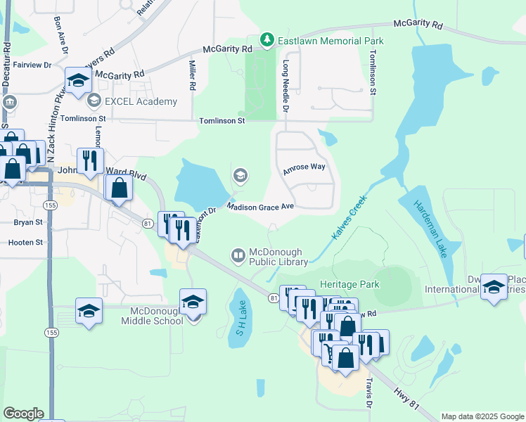 map of restaurants, bars, coffee shops, grocery stores, and more near 136 Madison Grace Avenue in McDonough