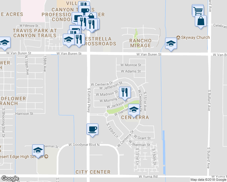 map of restaurants, bars, coffee shops, grocery stores, and more near 15304 West Madison Street in Goodyear