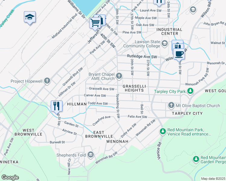 map of restaurants, bars, coffee shops, grocery stores, and more near 4009 Grasselli Avenue Southwest in Birmingham