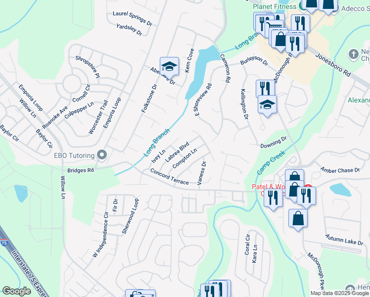 map of restaurants, bars, coffee shops, grocery stores, and more near 170 Labrea Boulevard in McDonough