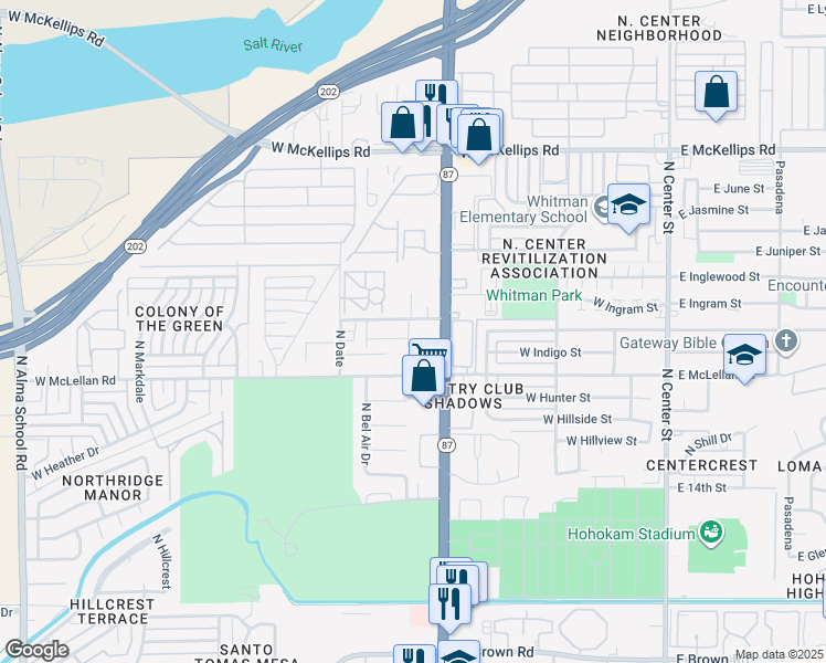 map of restaurants, bars, coffee shops, grocery stores, and more near 465 West Ivyglen Street in Mesa