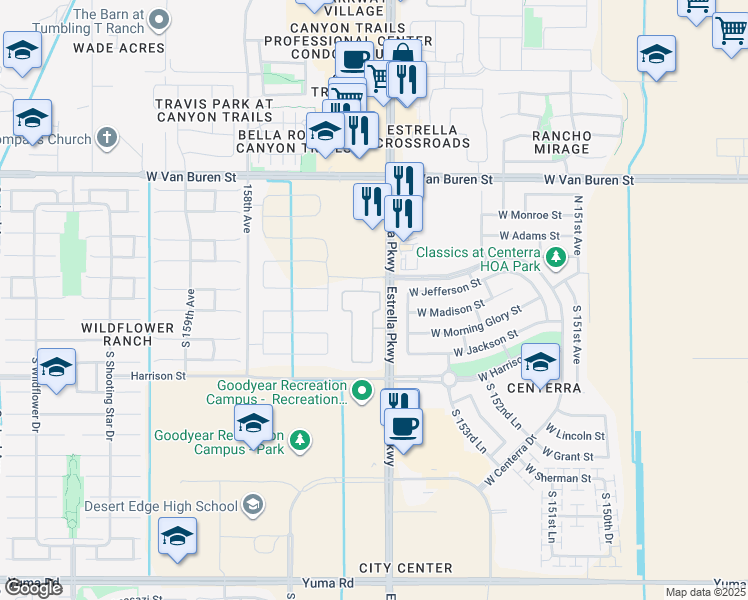 map of restaurants, bars, coffee shops, grocery stores, and more near 15545 West Hudson Way in Goodyear