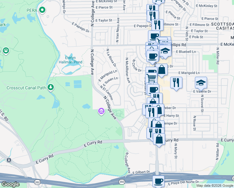 map of restaurants, bars, coffee shops, grocery stores, and more near 1454 North La Rosa Drive in Tempe