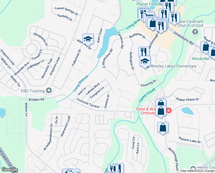 map of restaurants, bars, coffee shops, grocery stores, and more near 610 Compton Lane in McDonough