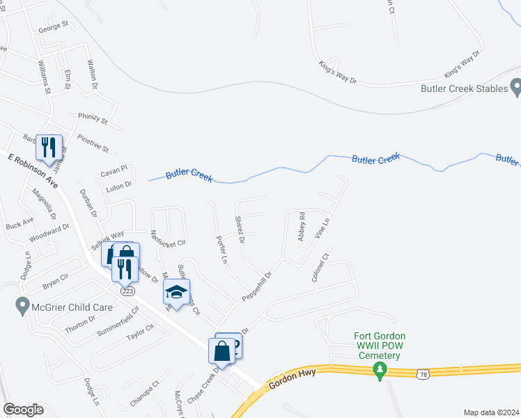 map of restaurants, bars, coffee shops, grocery stores, and more near 910 Clover Court in Grovetown