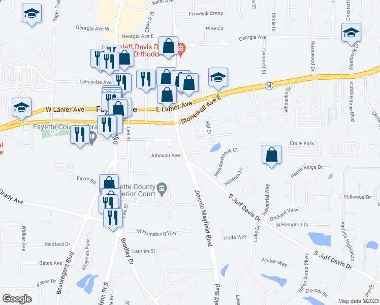 map of restaurants, bars, coffee shops, grocery stores, and more near 100 Hightower Drive in Fayetteville