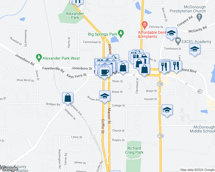 map of restaurants, bars, coffee shops, grocery stores, and more near 71 Macon Street in McDonough