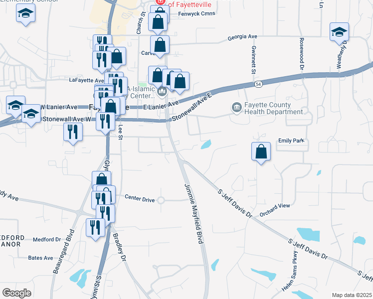 map of restaurants, bars, coffee shops, grocery stores, and more near Hightower Drive in Fayetteville