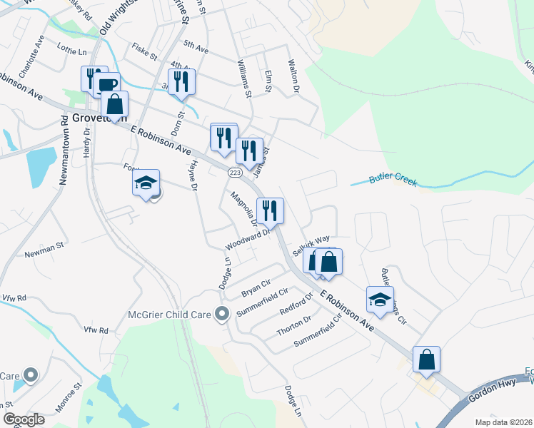 map of restaurants, bars, coffee shops, grocery stores, and more near 512 East Robinson Avenue in Grovetown