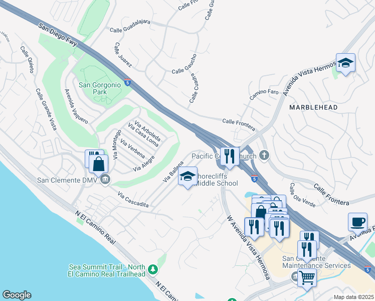 map of restaurants, bars, coffee shops, grocery stores, and more near 259 Via Ballena in San Clemente
