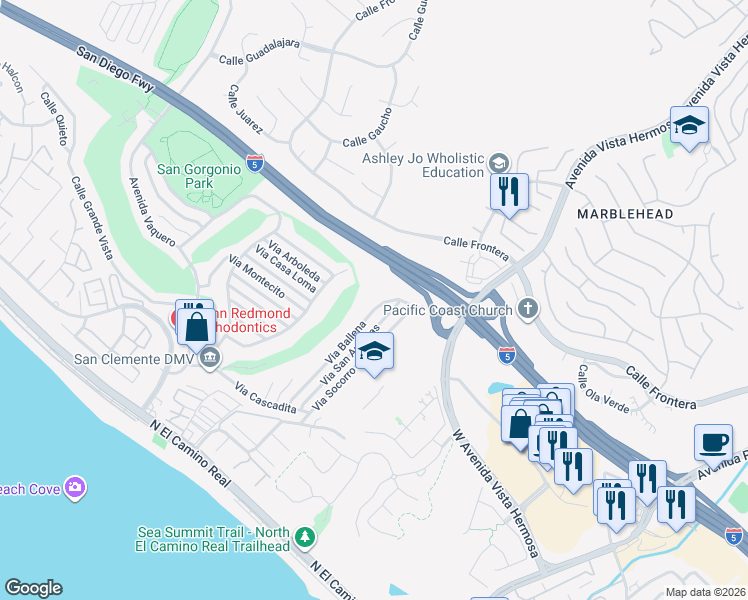 map of restaurants, bars, coffee shops, grocery stores, and more near 259 Via San Andreas in San Clemente
