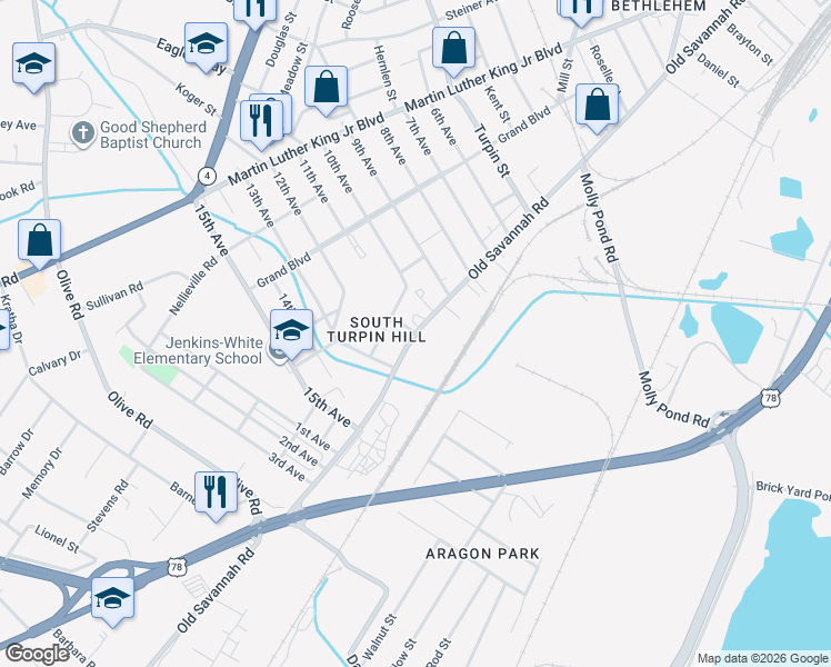 map of restaurants, bars, coffee shops, grocery stores, and more near 552 10th Avenue Extension in Augusta