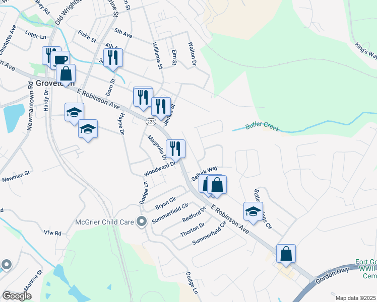map of restaurants, bars, coffee shops, grocery stores, and more near 1014 Durban Drive in Grovetown