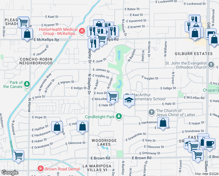 map of restaurants, bars, coffee shops, grocery stores, and more near in Mesa