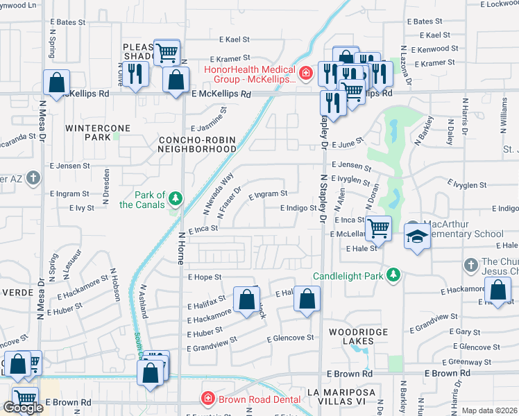 map of restaurants, bars, coffee shops, grocery stores, and more near 1021 East Indigo Street in Mesa