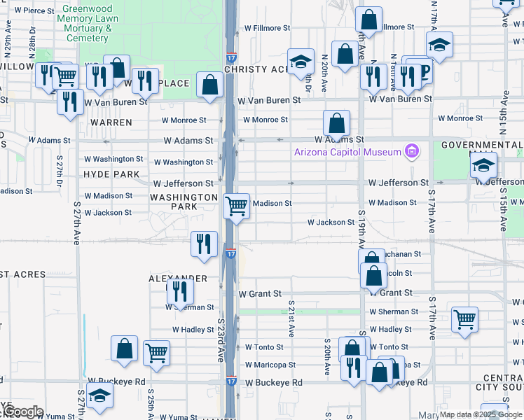 map of restaurants, bars, coffee shops, grocery stores, and more near 2121 West Madison Street in Phoenix