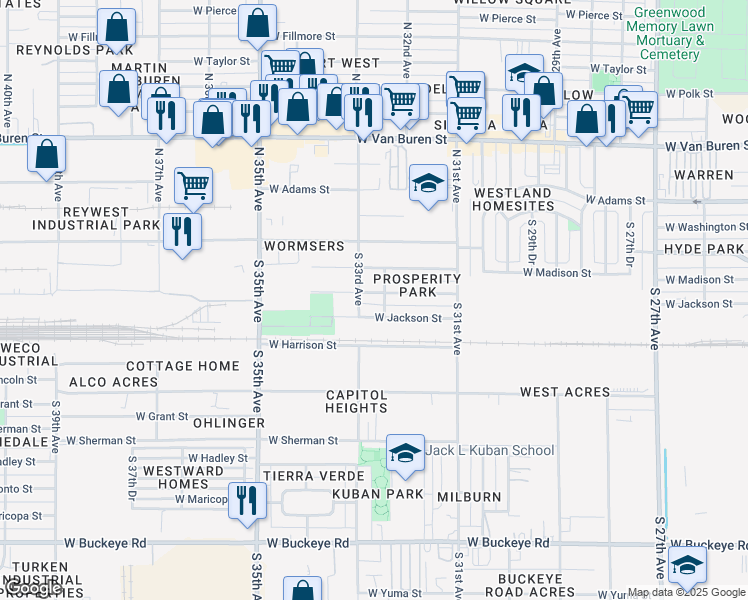 map of restaurants, bars, coffee shops, grocery stores, and more near 3223 West Madison Street in Phoenix