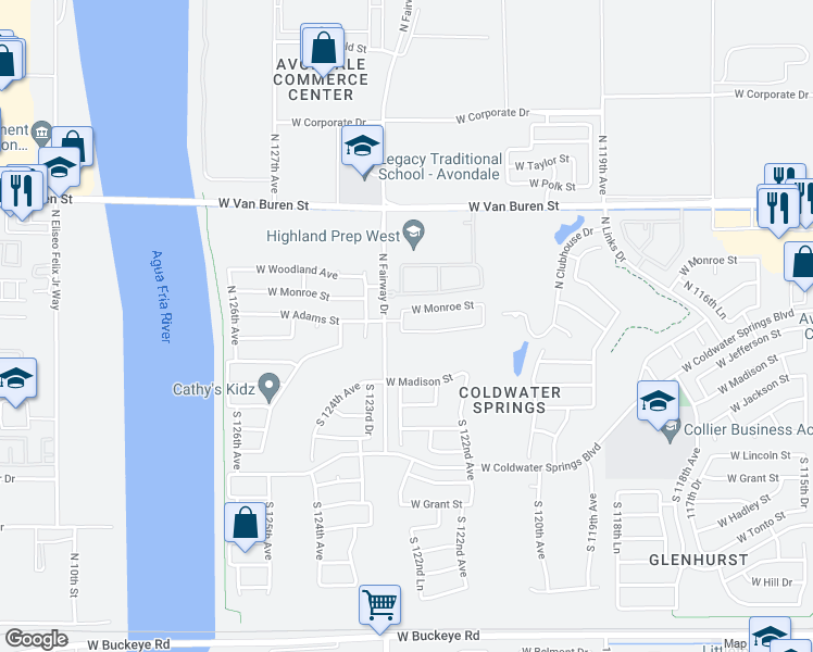 map of restaurants, bars, coffee shops, grocery stores, and more near 12270 West Washington Street in Avondale