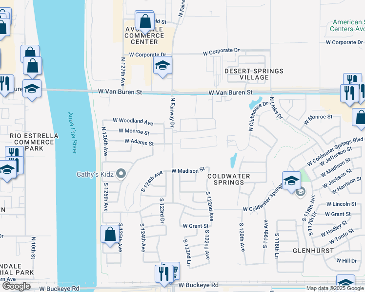 map of restaurants, bars, coffee shops, grocery stores, and more near 12270 West Washington Street in Avondale