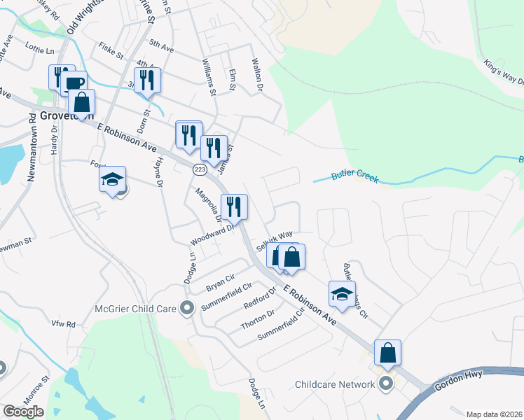 map of restaurants, bars, coffee shops, grocery stores, and more near 1017 Durban Drive in Grovetown