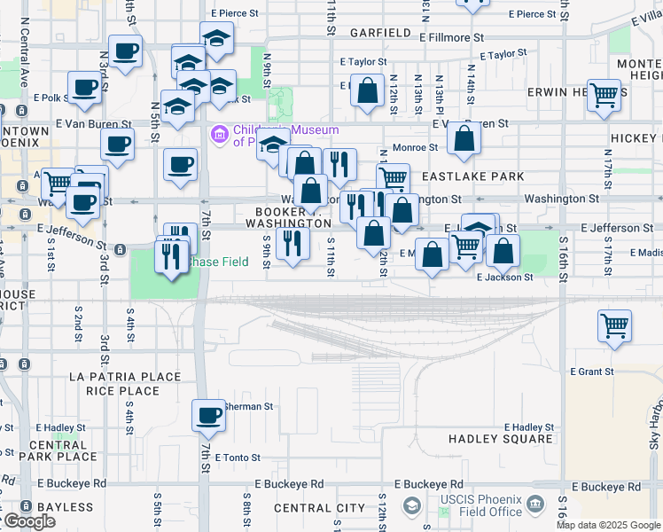 map of restaurants, bars, coffee shops, grocery stores, and more near 200 South 11th Street in Phoenix