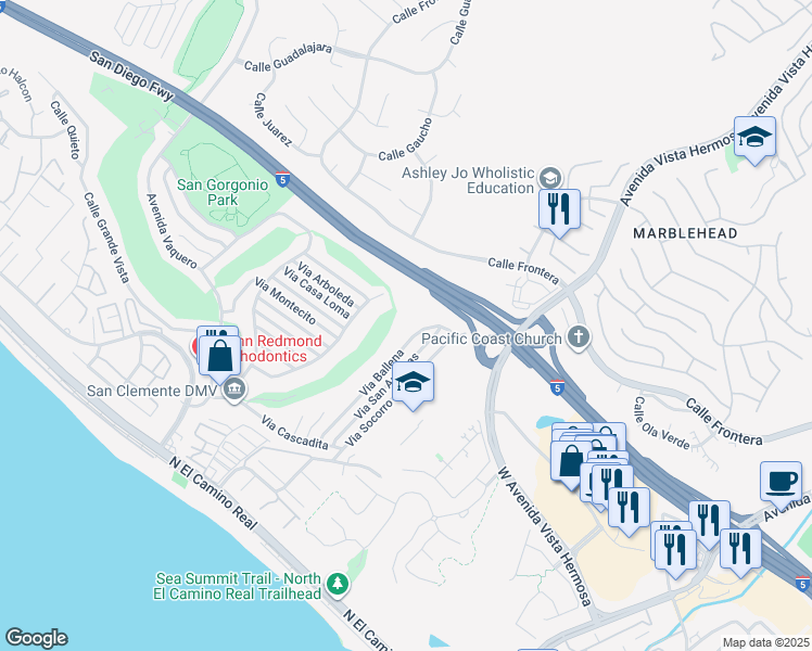 map of restaurants, bars, coffee shops, grocery stores, and more near 259 Via Ballena in San Clemente