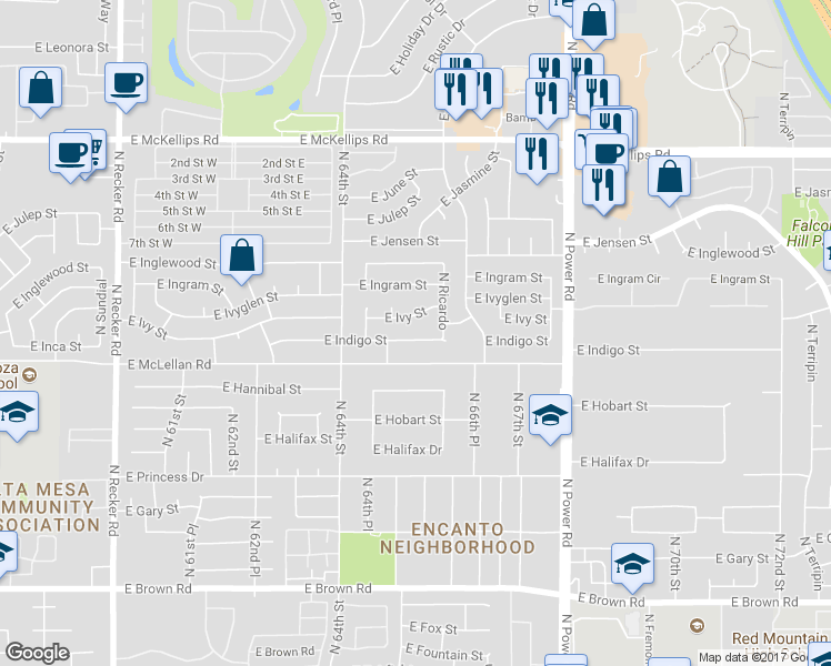 map of restaurants, bars, coffee shops, grocery stores, and more near 6526 East Indigo Street in Mesa