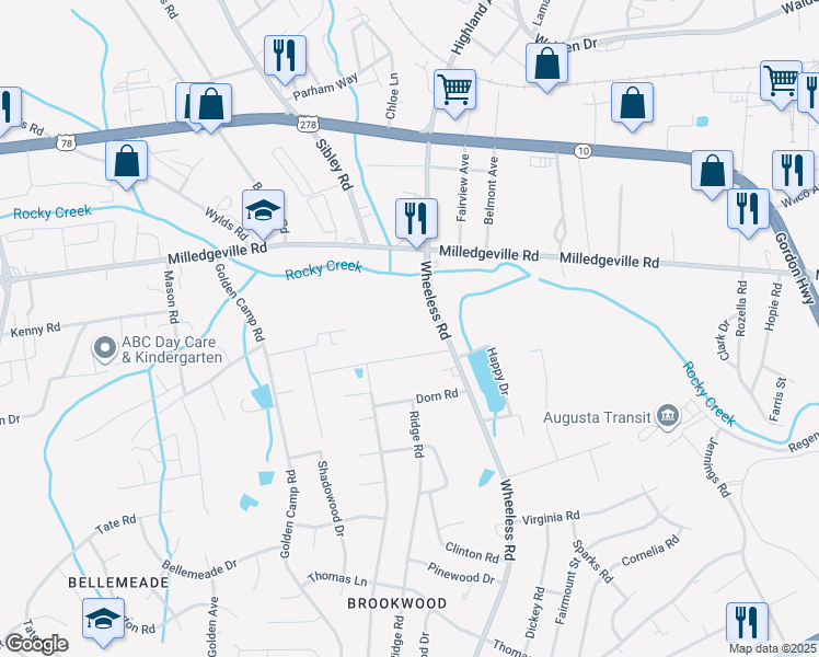 map of restaurants, bars, coffee shops, grocery stores, and more near 2315 Wheeless Road in Augusta