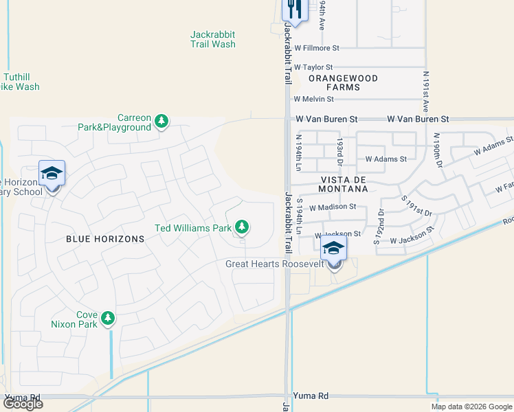 map of restaurants, bars, coffee shops, grocery stores, and more near 19589 West Morning Glory Street in Buckeye