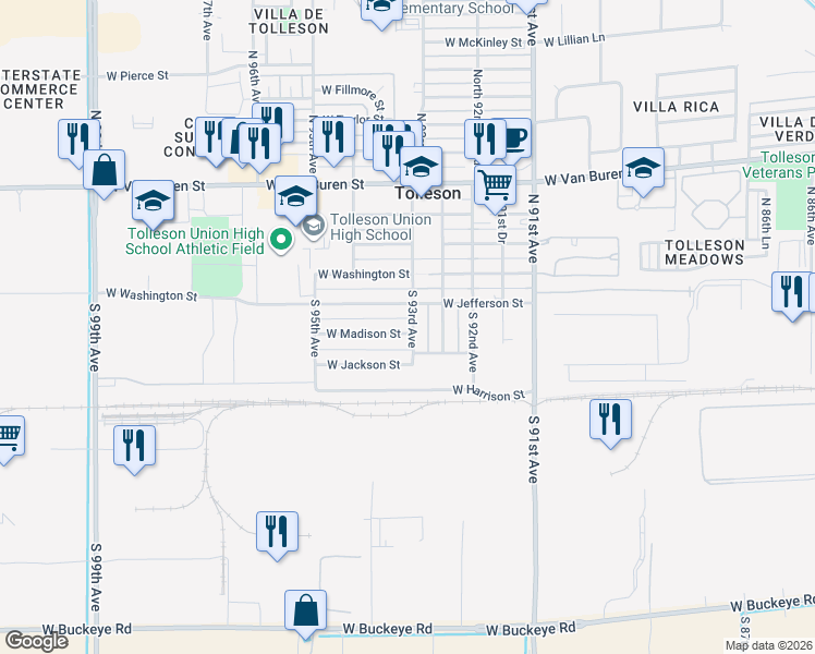 map of restaurants, bars, coffee shops, grocery stores, and more near 9302 West Madison Street in Tolleson