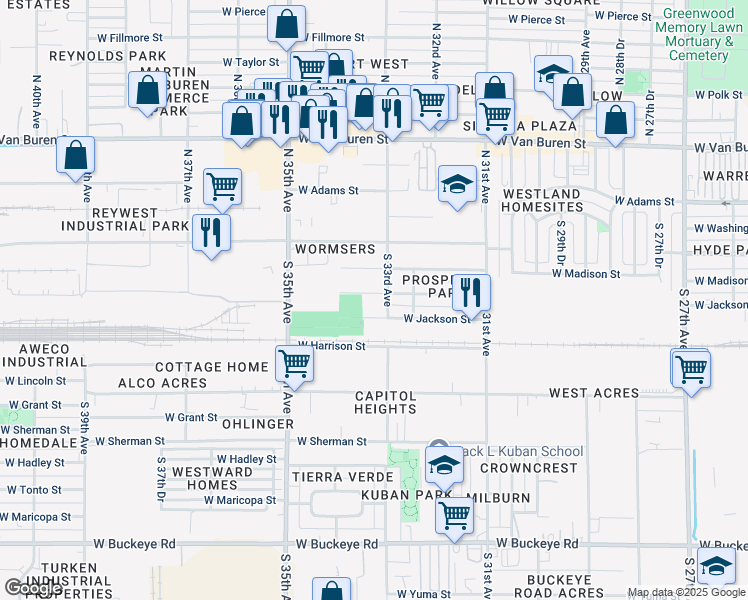 map of restaurants, bars, coffee shops, grocery stores, and more near 3309 West Madison Street in Phoenix