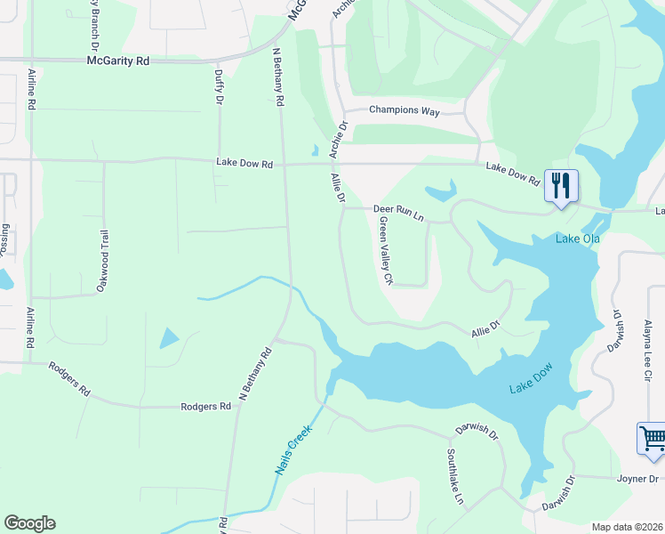 map of restaurants, bars, coffee shops, grocery stores, and more near 80 Allie Drive in McDonough