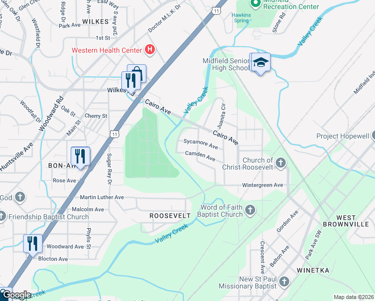 map of restaurants, bars, coffee shops, grocery stores, and more near 5716 Camden Avenue in Birmingham