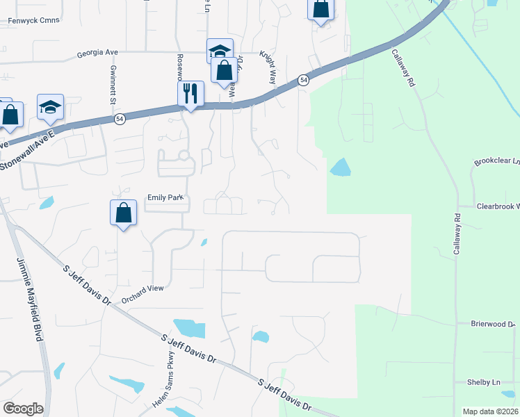 map of restaurants, bars, coffee shops, grocery stores, and more near 180 Brookstone Point in Fayetteville