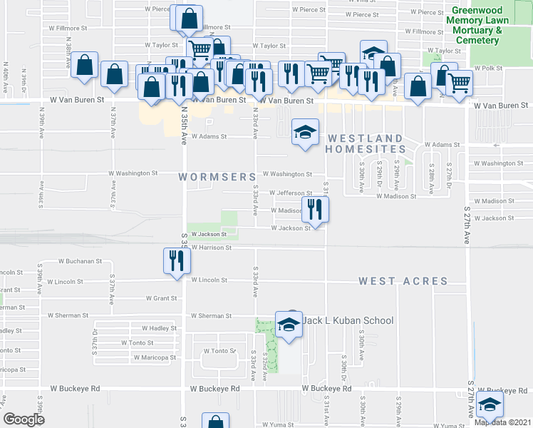 map of restaurants, bars, coffee shops, grocery stores, and more near 3231 West Madison Street in Phoenix