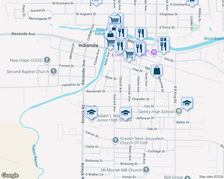 map of restaurants, bars, coffee shops, grocery stores, and more near 229 Roosevelt Street in Indianola