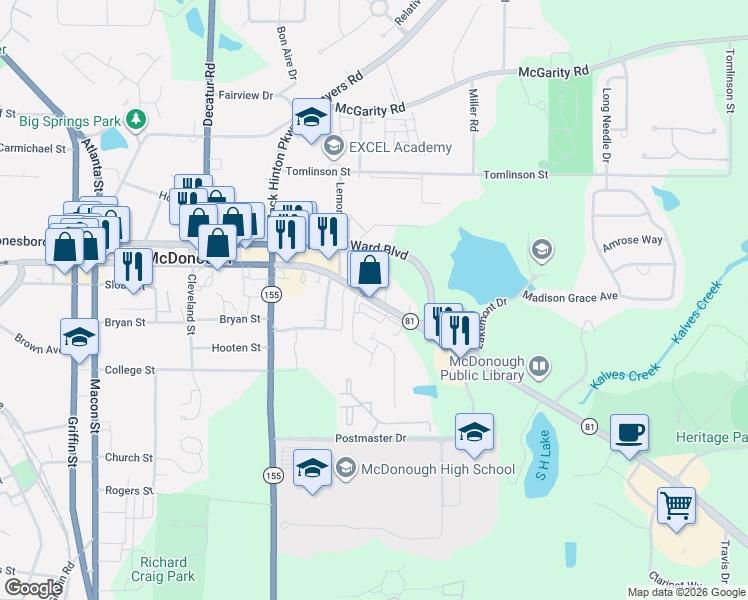map of restaurants, bars, coffee shops, grocery stores, and more near 371 Keys Ferry Street in McDonough