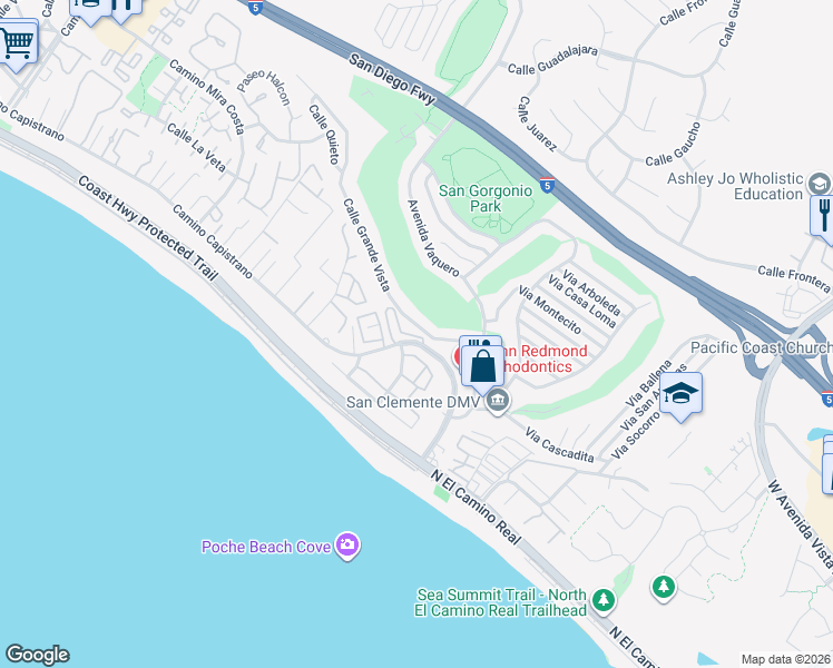 map of restaurants, bars, coffee shops, grocery stores, and more near 2802 Camino Capistrano in San Clemente