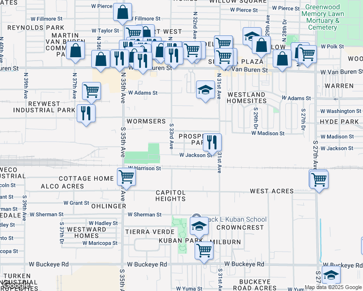 map of restaurants, bars, coffee shops, grocery stores, and more near 3223 West Madison Street in Phoenix