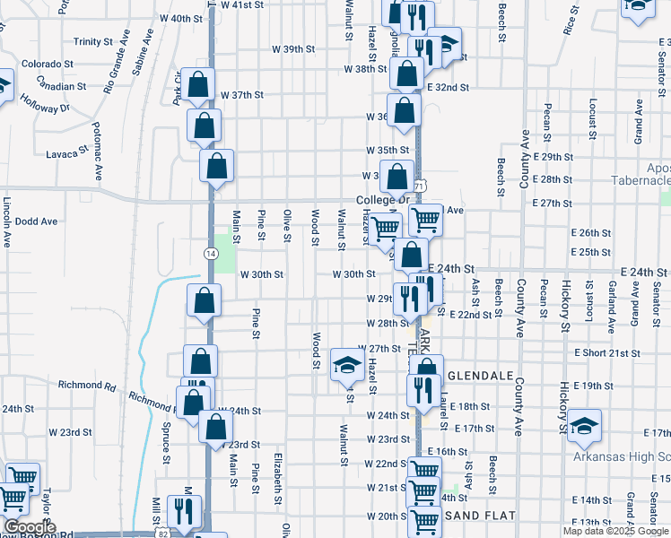 map of restaurants, bars, coffee shops, grocery stores, and more near 3001 Walnut Street in Texarkana